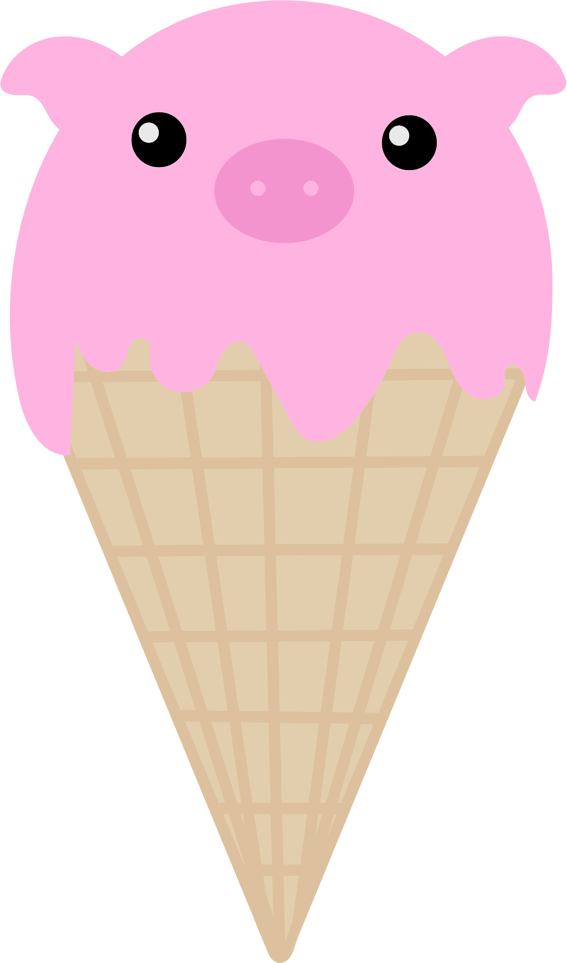 A cute whimsical illustration of an ice cream cone with pink ice cream shaped like a pig's head.