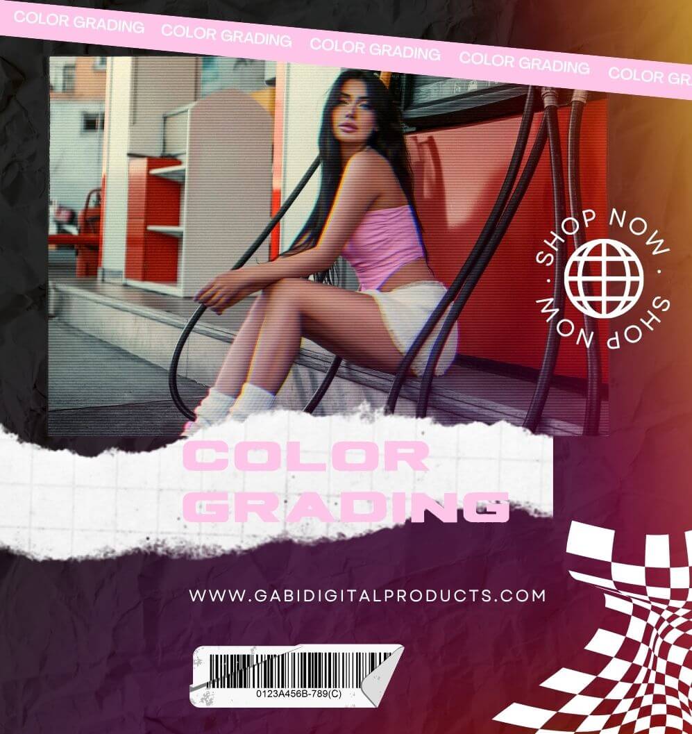 Stylish young woman in a pink top and shorts posing outdoors surrounded by vibrant red urban decor, with text overlays reading 'Color Grading' and 'Shop Now.'