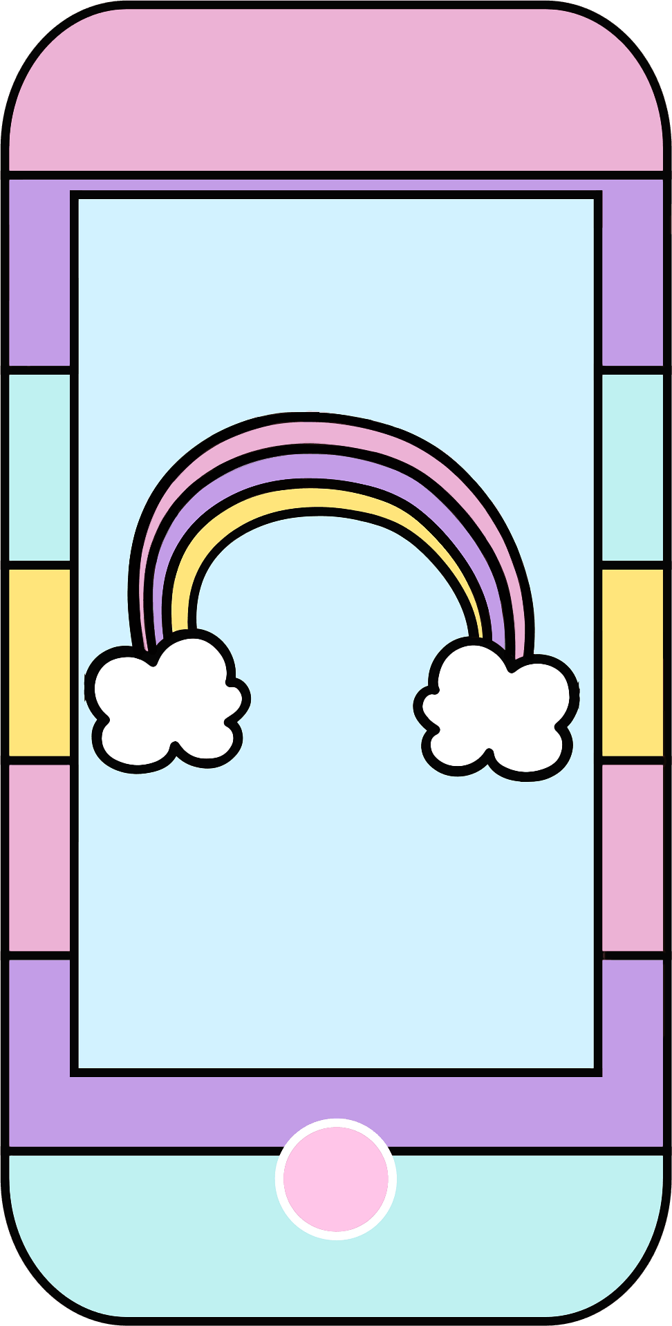 A pastel-colored smartphone illustration with a rainbow and fluffy clouds on the screen.