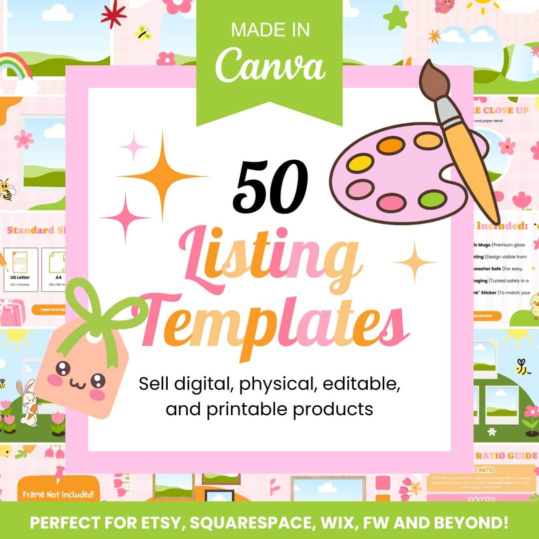 Colorful digital ad for 50 Listing Templates made in Canva, featuring a palette, brush, smiling gift, and text promoting digital product sales.
