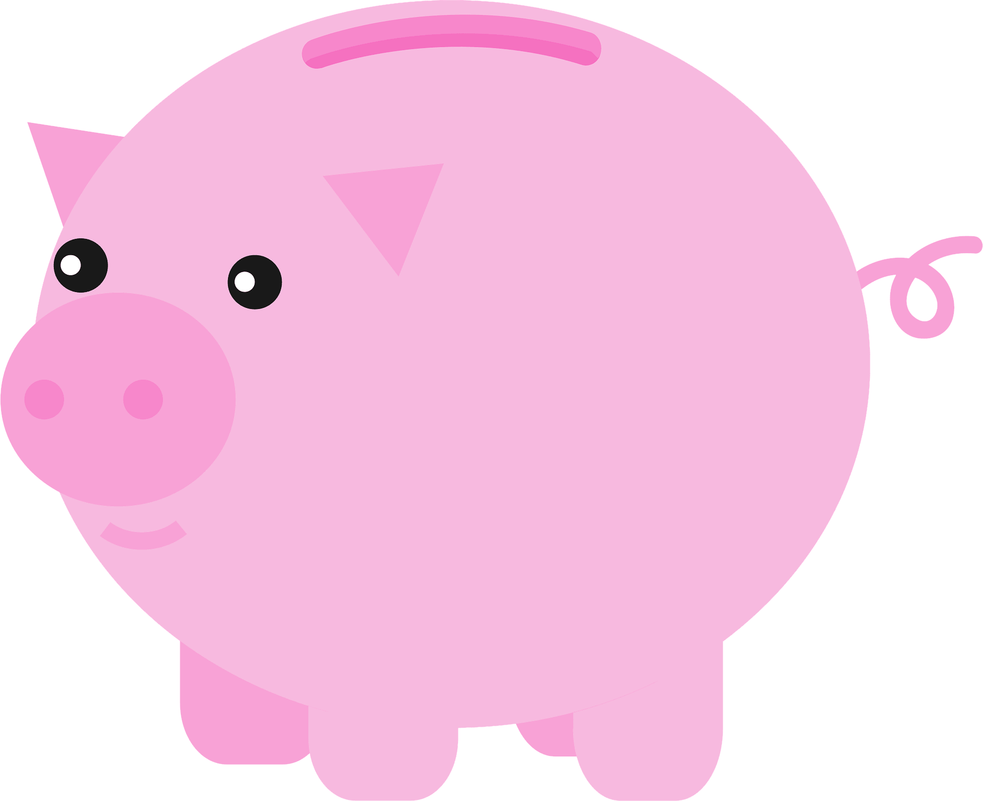 A smiling pink piggy bank illustration with a coin slot on its back and a curled tail.