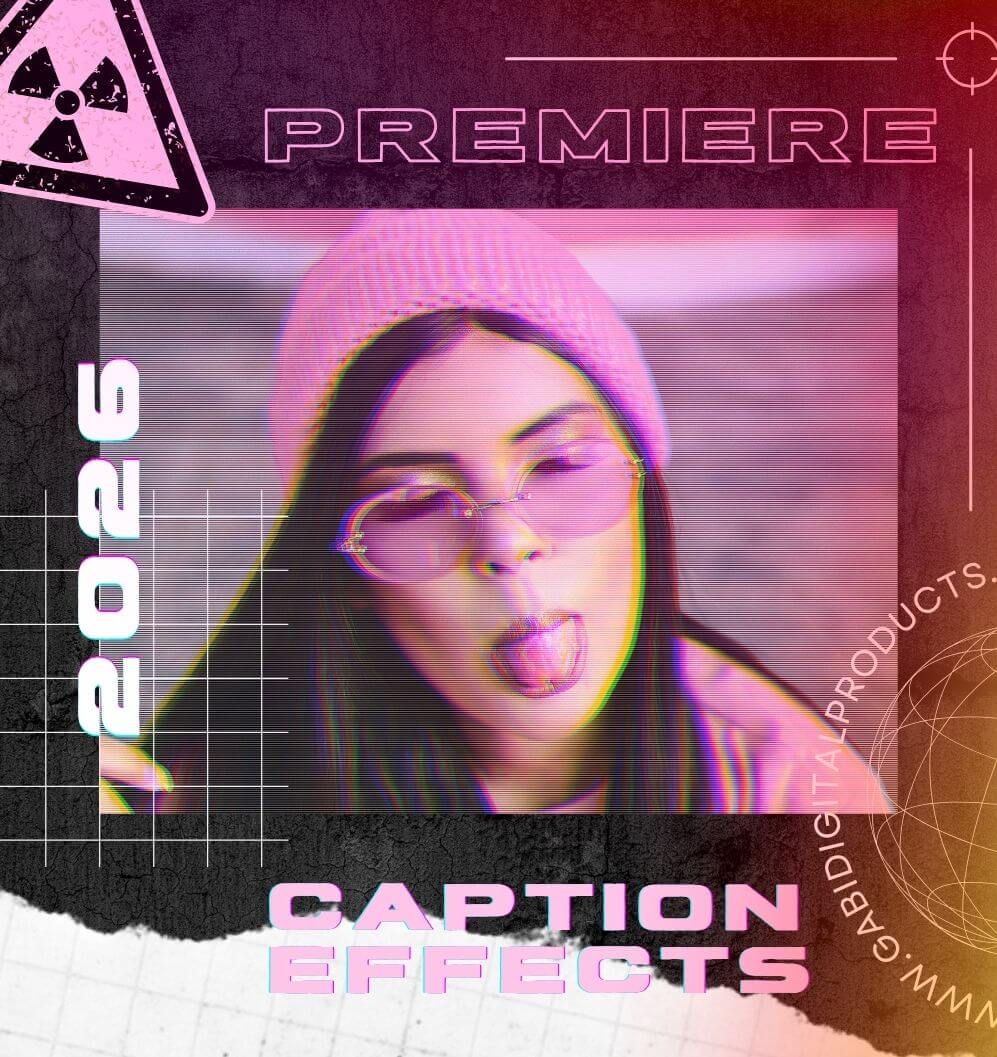 A woman in a pink beanie and glasses playfully sticks her tongue out, with text reading 'Premiere 2026 Caption Effects' in a retro neon theme.