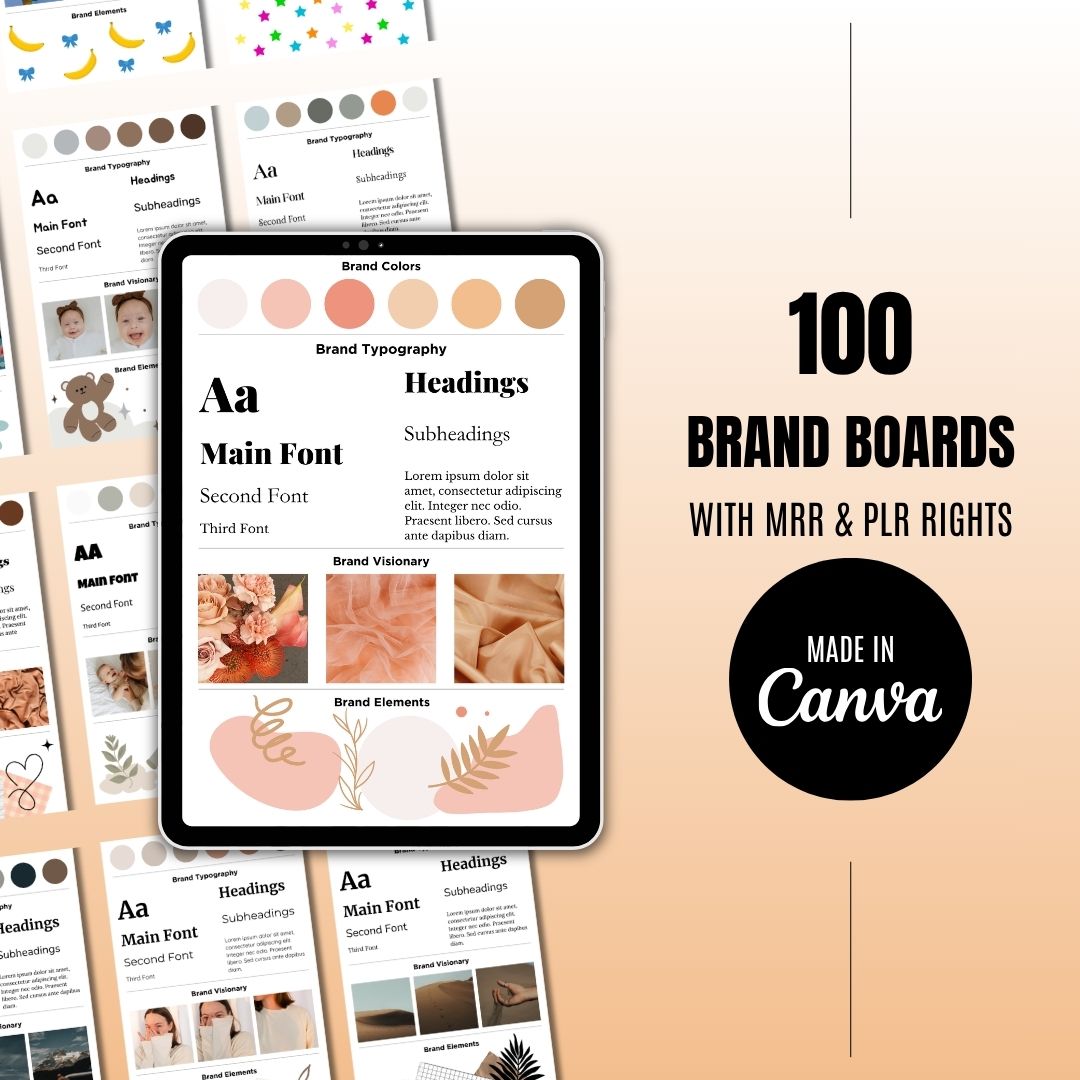 Digital image showcasing 100 brand boards made in Canva, featuring typography, colors, and design elements, promoting MRR and PLR rights in neutral tones.