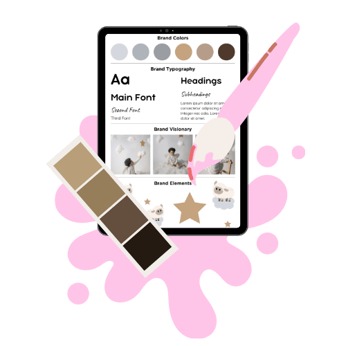 Tablet displaying a brand mood board with colors, fonts, and images. A pink paintbrush and color palette are beside it, with pink paint splashes.