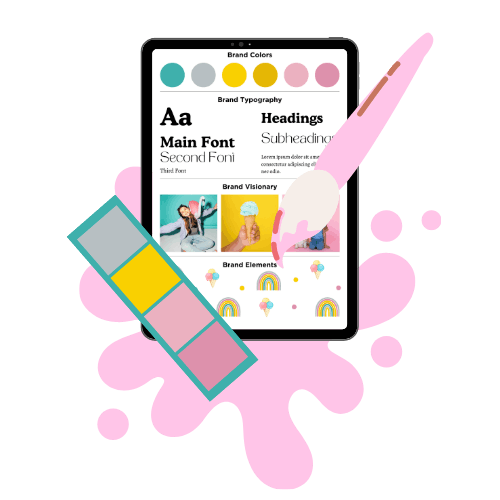 Digital mood board on a tablet featuring brand colors, typography, and elements like rainbows. A pink paintbrush and color palette add creativity.