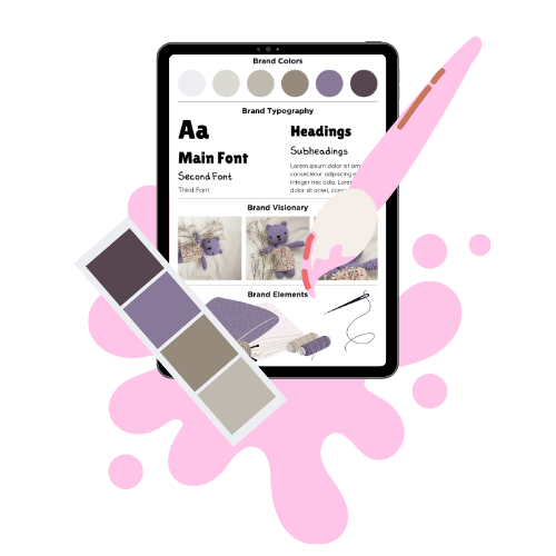Tablet displaying a brand style guide with fonts and colors. Nearby, a paintbrush and color palette suggest creativity, surrounded by pink splashes.