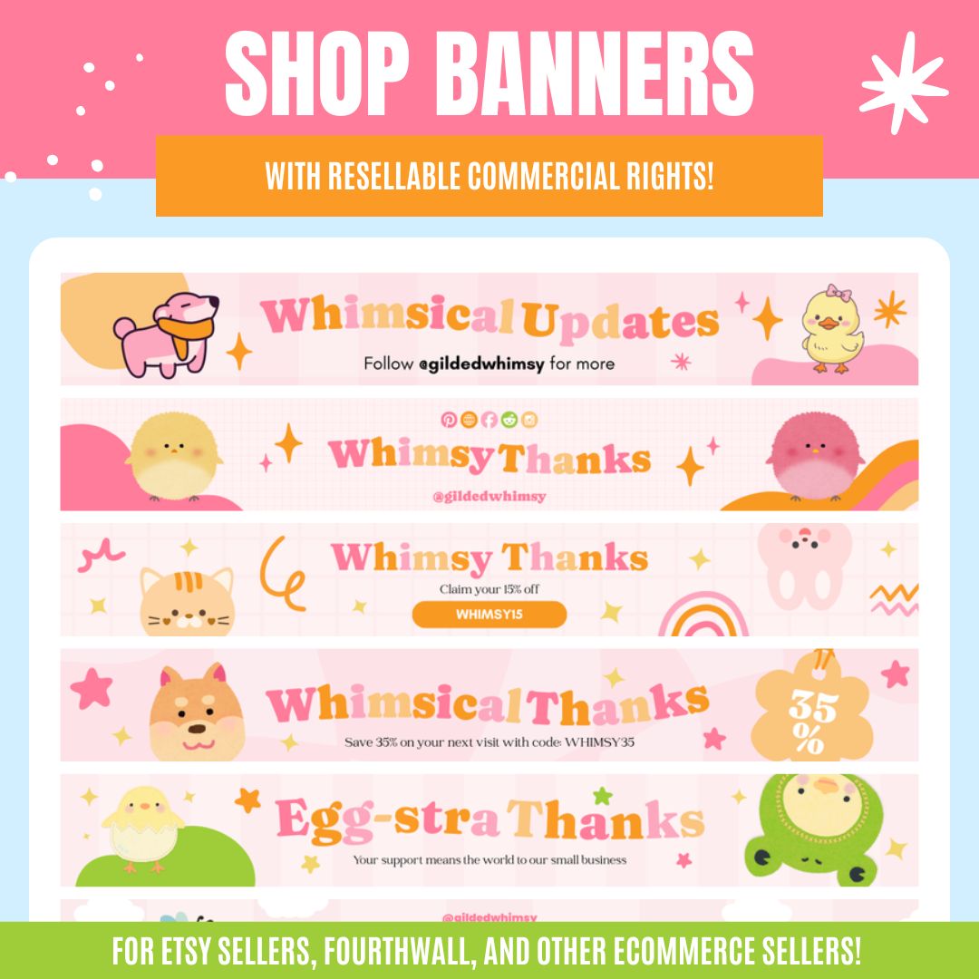 Cute shop banners with adorable animal designs, pastel colors, and playful fonts, featuring 'Whimsical Updates' and discount codes for sellers.