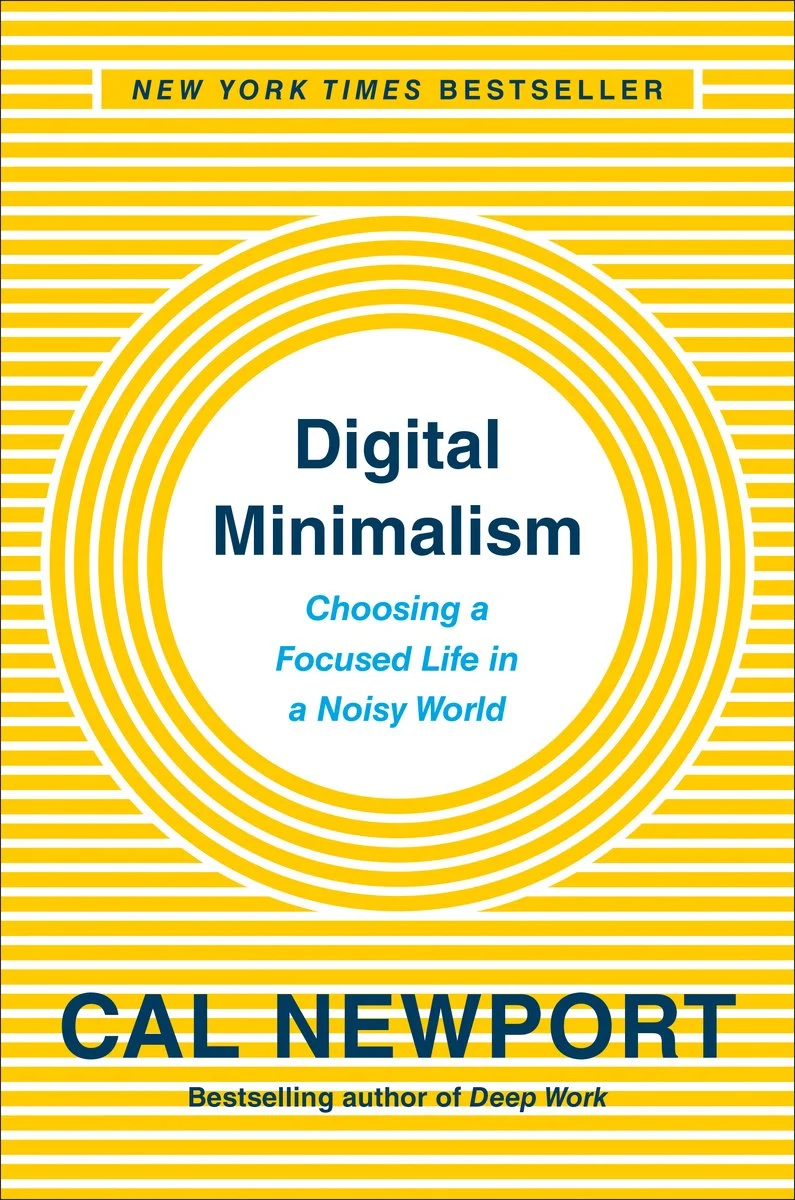 Yellow and white striped cover of Digital Minimalism by Cal Newport with circular patterns