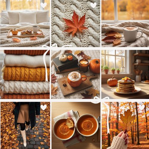 Cozy fall collage featuring blankets with autumn leaves, a warm mug, and knitted sweaters, with pumpkins, soup, pancakes, and leaf-strewn pathways conveying warmth.