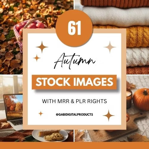 Collage of cozy autumn scenes with 61 stock images offer, featuring warm clothes, pumpkins, leafy paths, and a laptop beside a drink and pie.