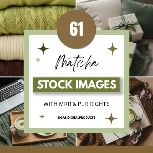Collage with cozy green tones featuring folded sweaters, gift boxes, and a laptop beside a matcha latte, with text reading '61 Matcha Stock Images' and licensing info.