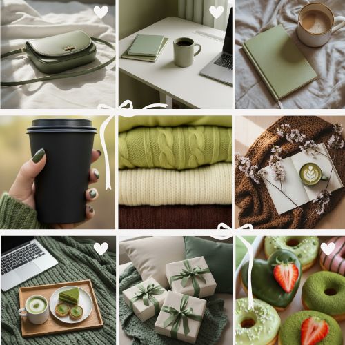 Aesthetic collage featuring sage green and beige items including a purse, notebooks, coffee, folded sweaters, gifts, and desserts with cozy serene vibes.