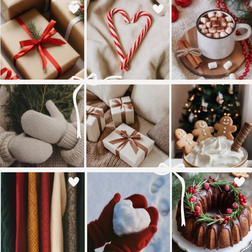 Festive collage with wrapped gifts, candy canes, hot cocoa, mittens, gingerbread cookies, cozy sweaters, a snowball, and a decorated bundt cake.