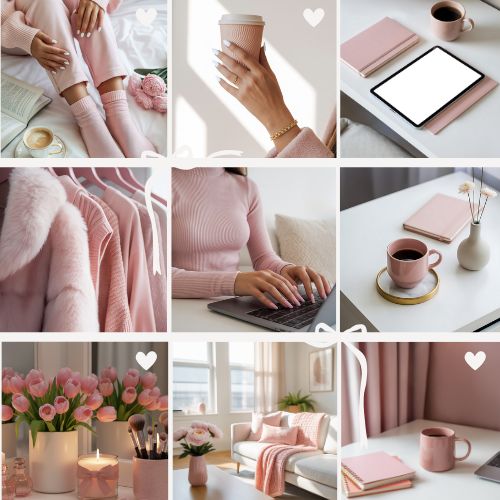 Collage of cozy pink-themed images featuring clothing, candles, flowers, coffee, and a laptop on a desk, conveying a warm, feminine, and elegant mood.