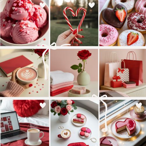 Romantic-themed collage featuring pink ice cream, candy canes in heart shape, strawberry donuts, heart latte art, red roses, macarons, and heart-shaped chocolates, conveying love and warmth.