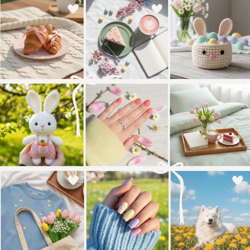 Cozy collage with pastries, crochet toys, colorful nails, and a white dog in a flower field. Springtime vibes with tulips, warm tones, and heart accents.