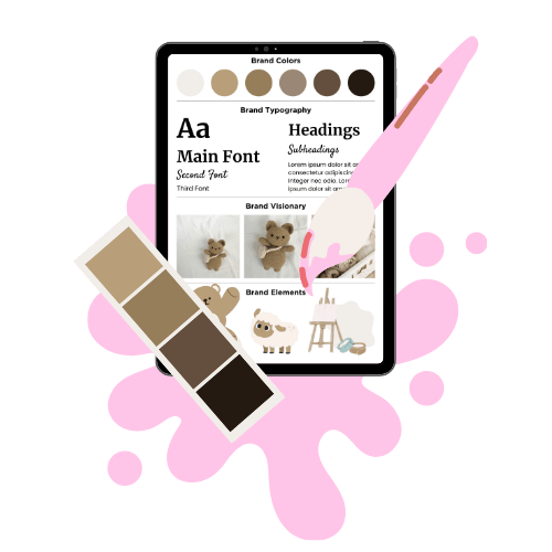 Tablet displaying a brand mood board with fonts, color palette, and images. A pink paintbrush and splashes add a creative, artistic vibe.