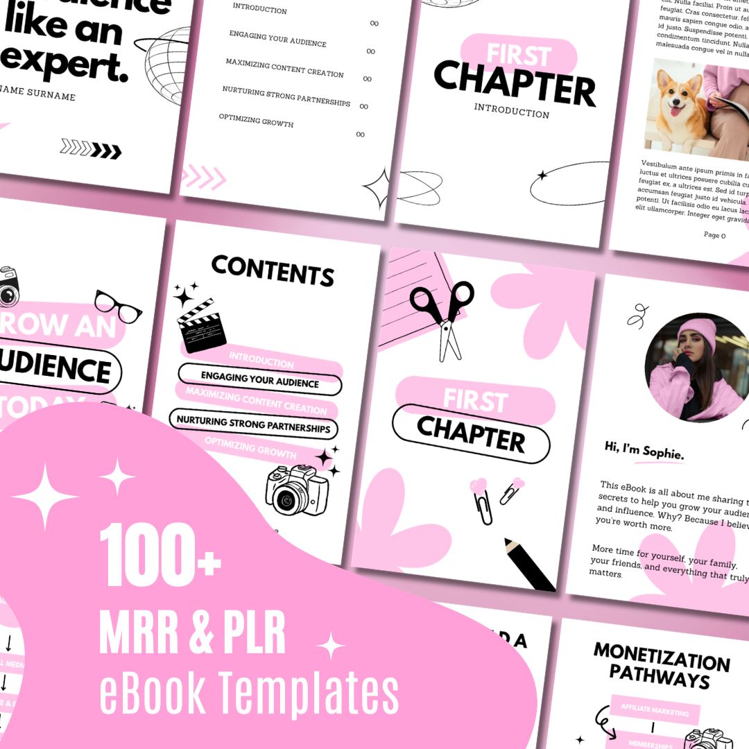 Collage of eBook templates in pink and white featuring sections like 'Contents' and 'First Chapter,' with engaging icons and bold text.