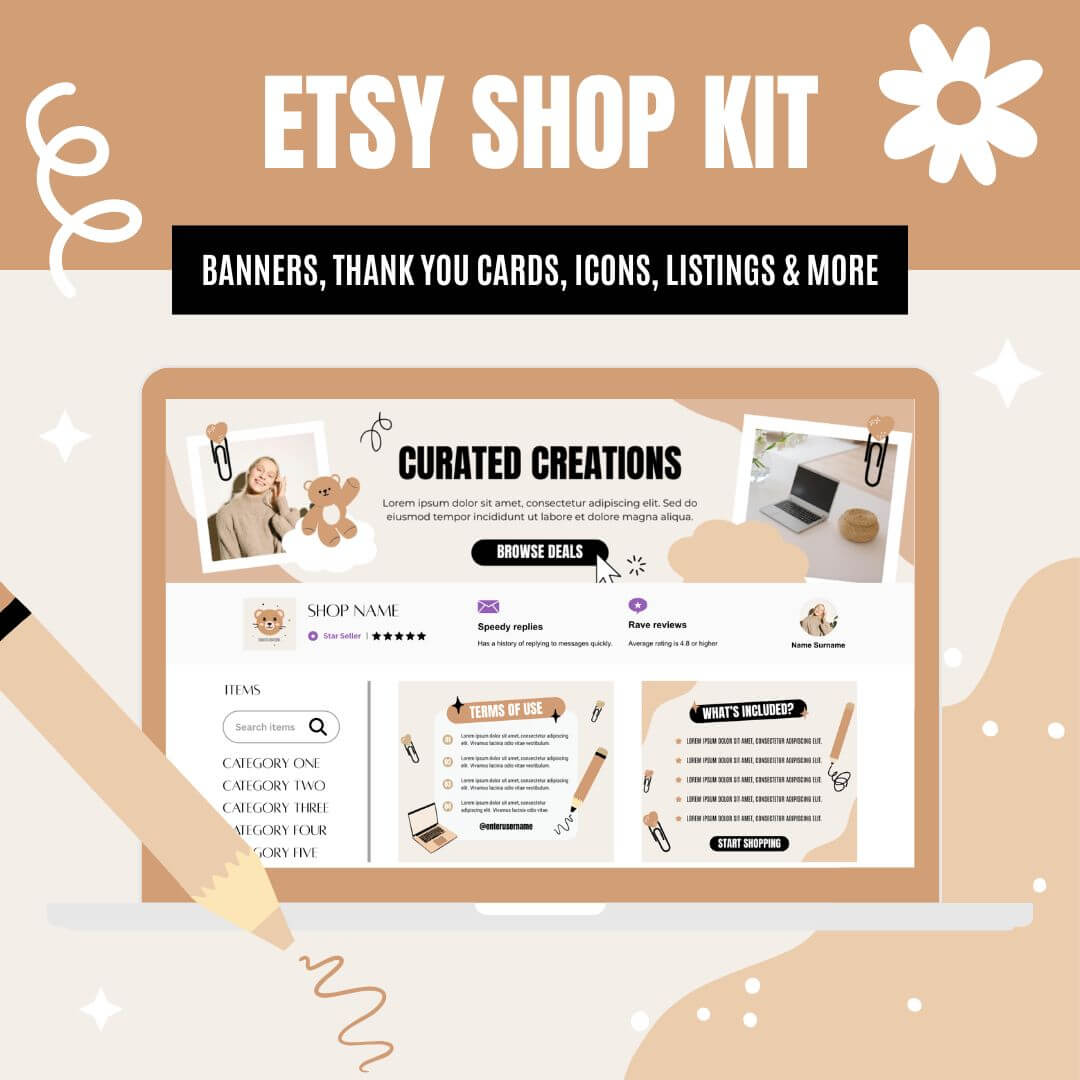 Etsy Shop Kit graphic featuring a laptop displaying a 'Curated Creations' store mockup with product listings, ratings, and categories on a soft beige background.