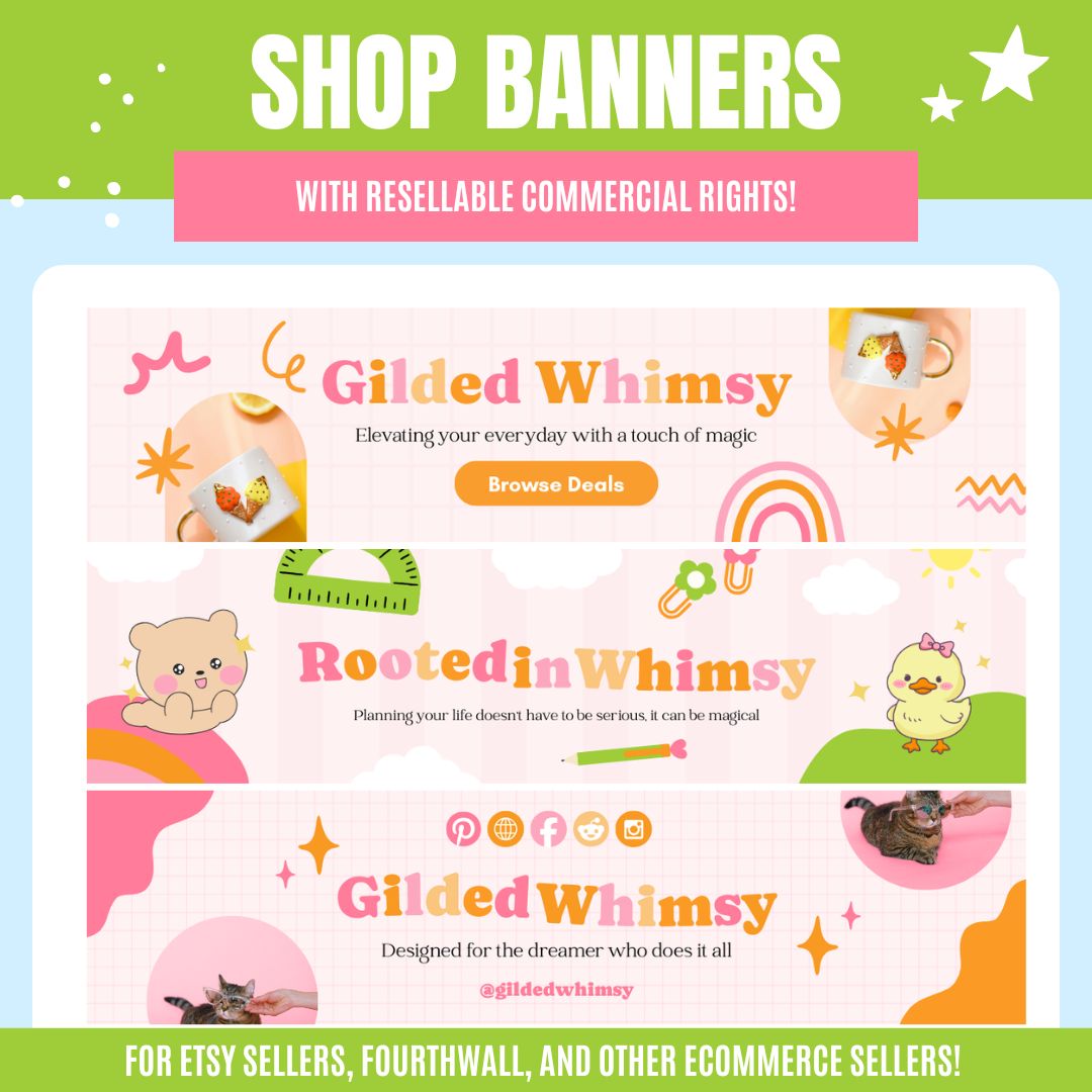 Colorful shop banners promoting 'Gilded Whimsy' with playful visuals like rainbows and animals, targeted at Etsy and eCommerce sellers.