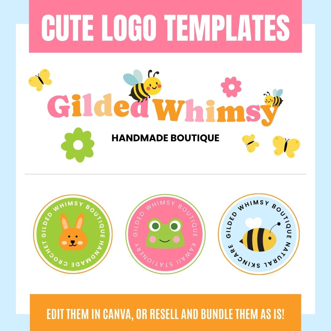Cute logo templates for 'Gilded Whimsy Handmade Boutique' featuring bees, butterflies, and flowers, with circular animal-themed badges. Playful and colorful design.