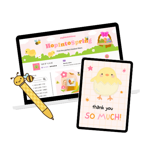 A laptop with a spring-themed homepage and a tablet showing a cute chick illustration with 'thank you so much!' A bee design pen is nearby.