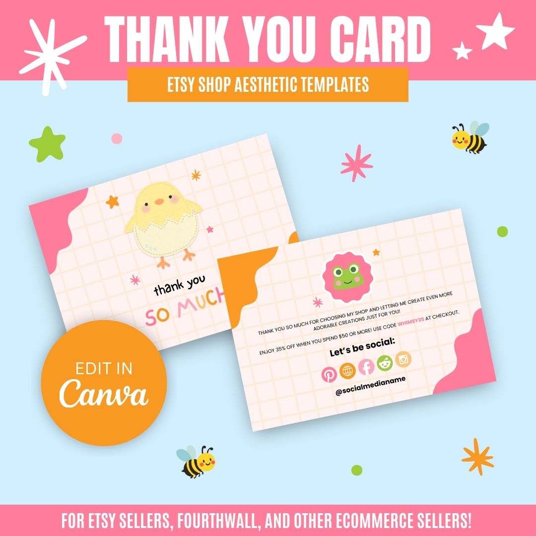 Cheerful thank you card templates for Etsy featuring cute chick and flower designs with playful elements like stars and bees, editable in Canva.