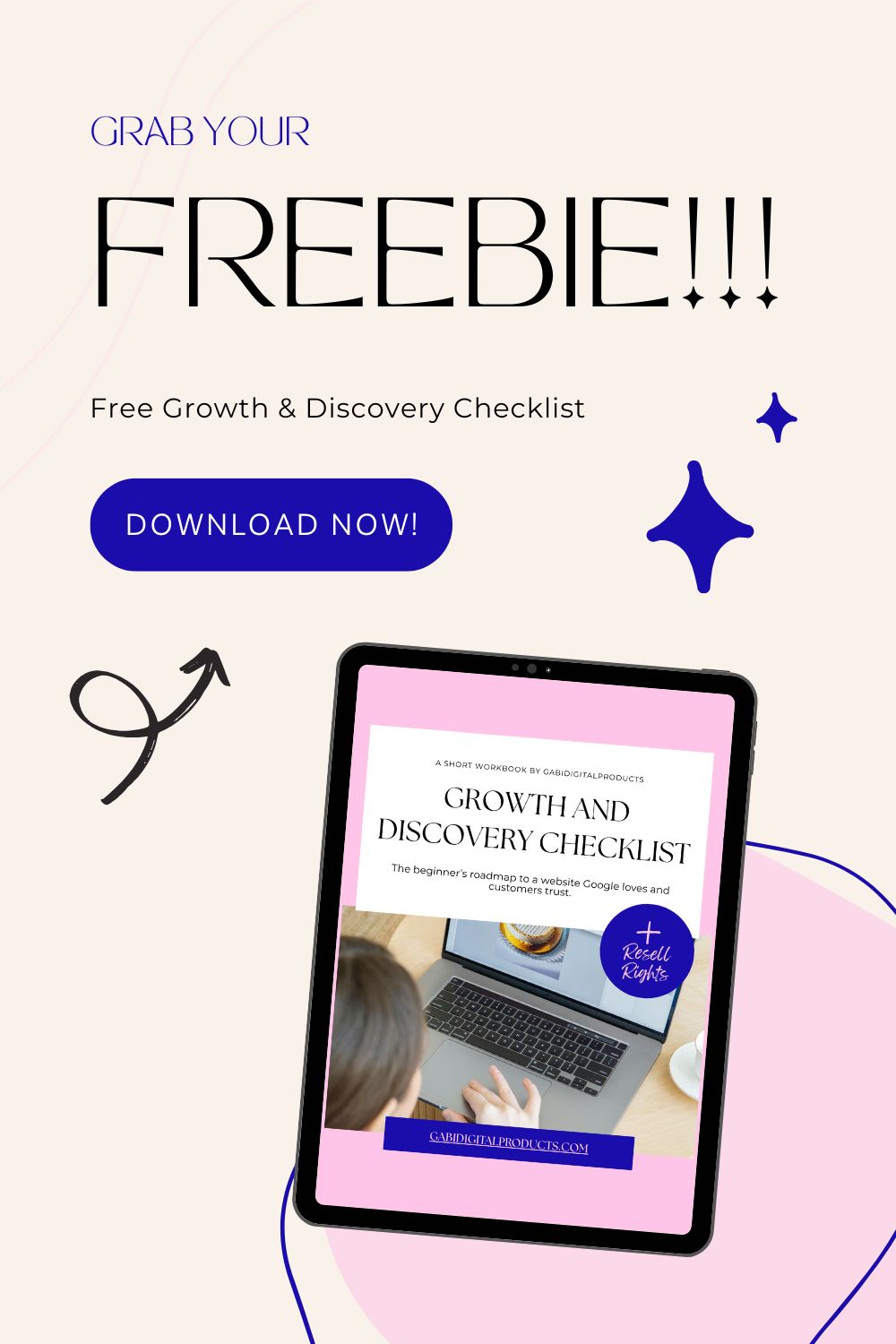 Promotional image for a free Growth and Discovery Checklist. Features 'Download Now' button, decorative stars, and a checklist on a tablet screen.