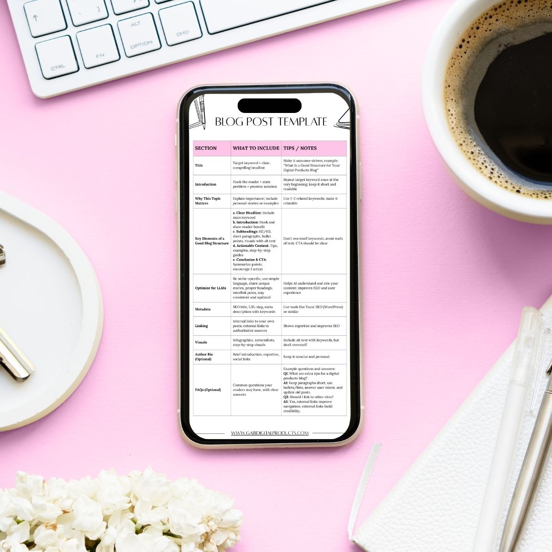 Blog post template on a smartphone on a pink desk with keyboard, coffee, flowers and notebook