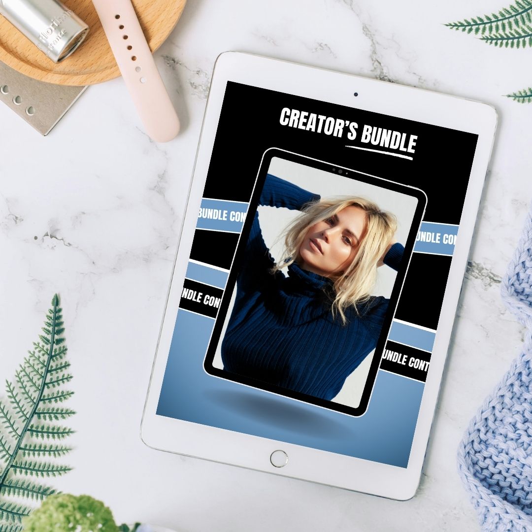 Tablet displaying Creator's Bundle on a marble surface with watch, nail polish and greenery