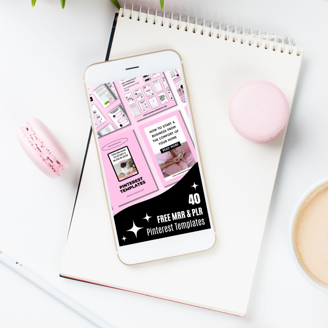 Pinterest templates in pink on a smartphone next to pink macarons and coffee