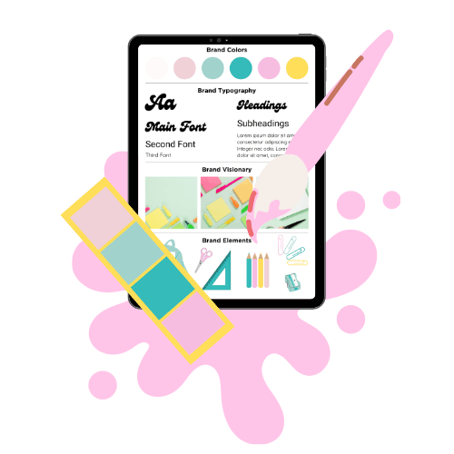 A tablet displays a branding guide with typography, color swatches, and design elements. Surrounding are pastel paint splotches and a color palette.