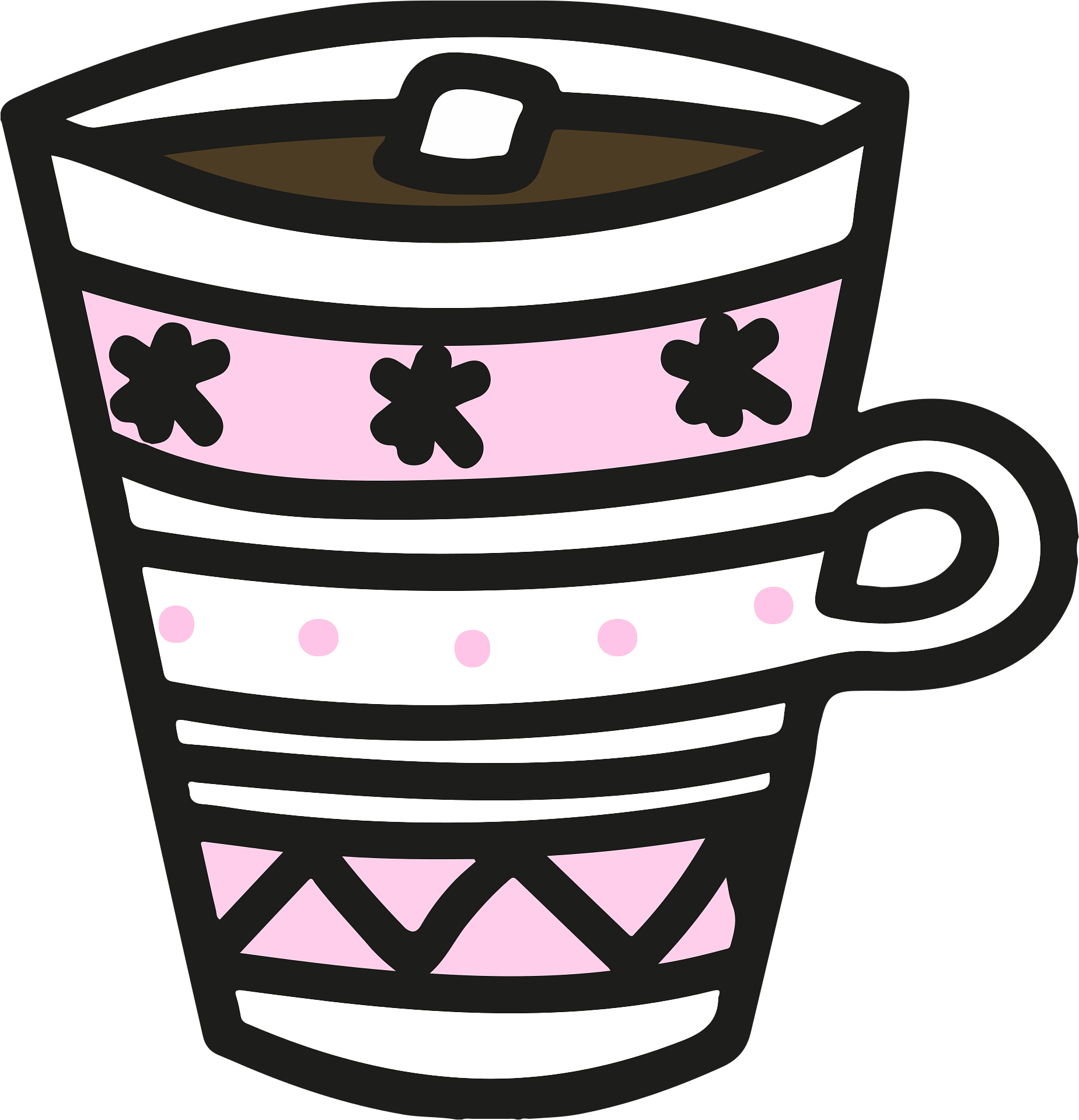 Illustration of a pink and white patterned mug filled with hot chocolate and topped with a marshmallow, featuring floral and geometric patterns.