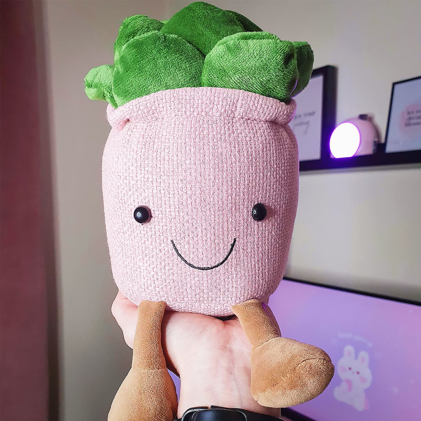 Aesthetic pink office decor - Succulent plush toy for a cute small desk setup.