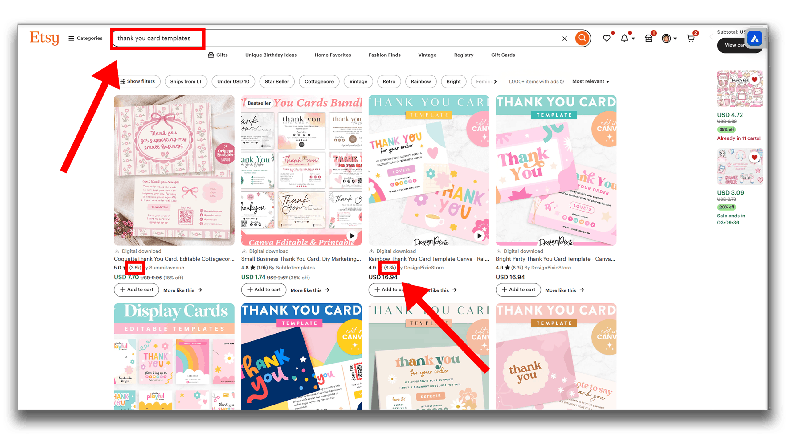 A screenshot of Etsy search results for "thank you card templates," illustrating the market research phase of how to choose the right digital product to sell. The grid layout displays a variety of colorful designs and price listings, showing the level of competition for this niche.