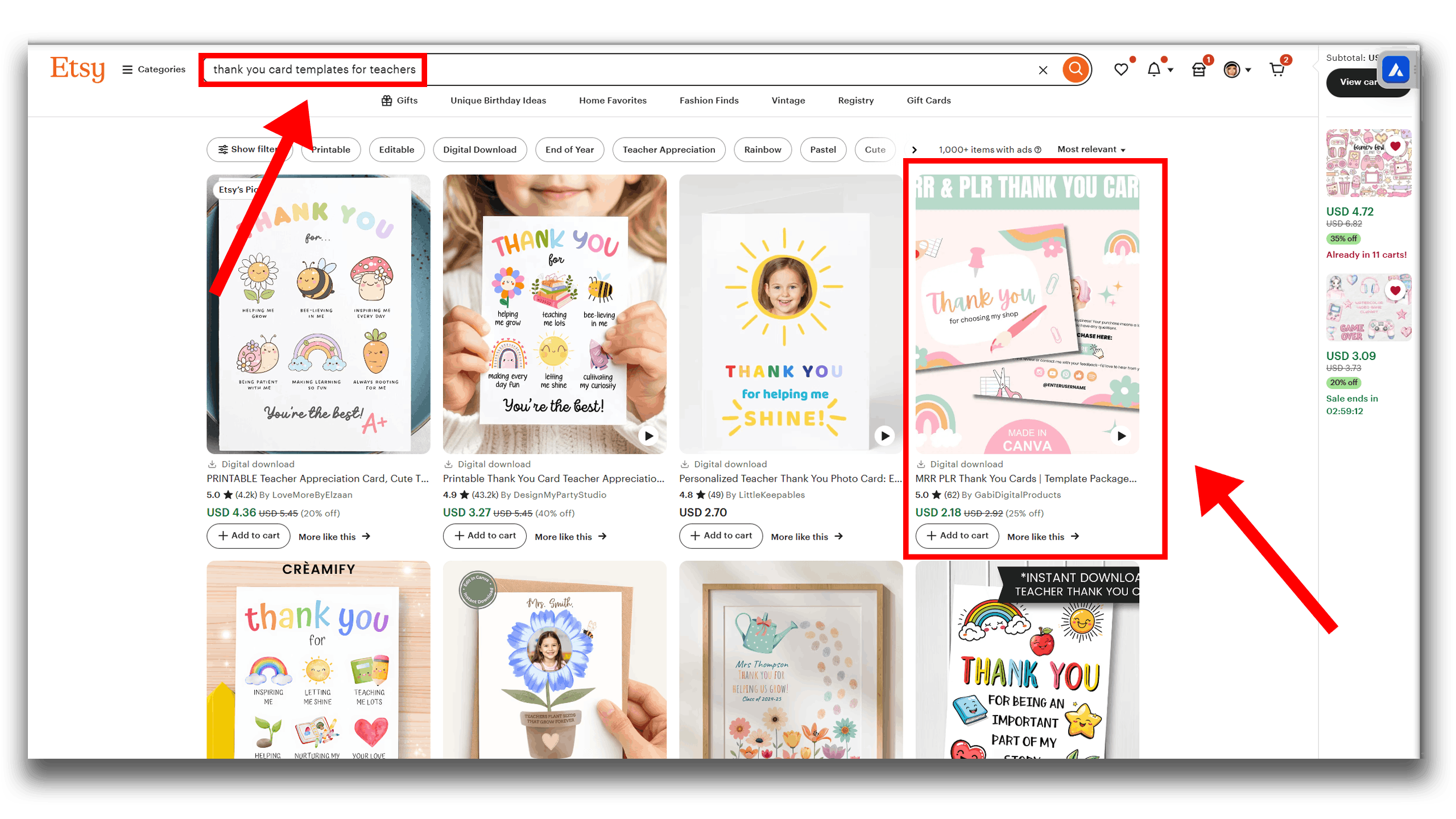 An Etsy search results page for "thank you card templates for teachers," illustrating how to choose the right digital product to sell by niching down. The grid displays various colorful card designs with playful illustrations and "Thank You" text, showing how specific keywords can help a listing stand out.