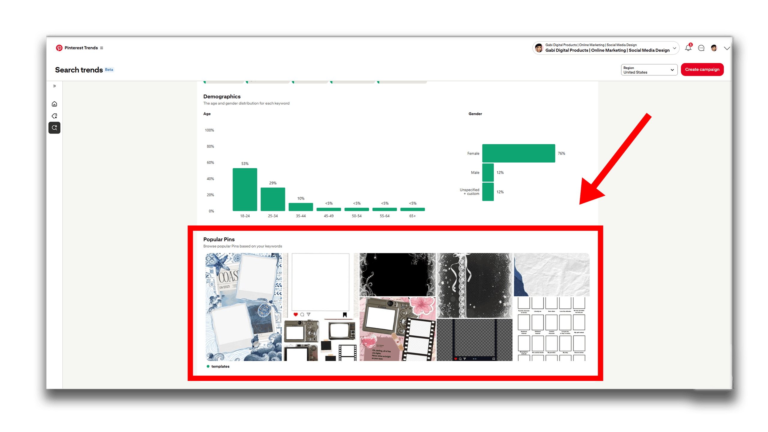 Screenshot of Pinterest trends featuring demographics with bar graphs. Below, a red box highlights popular pins, showing images of scrapbook and photo frames.