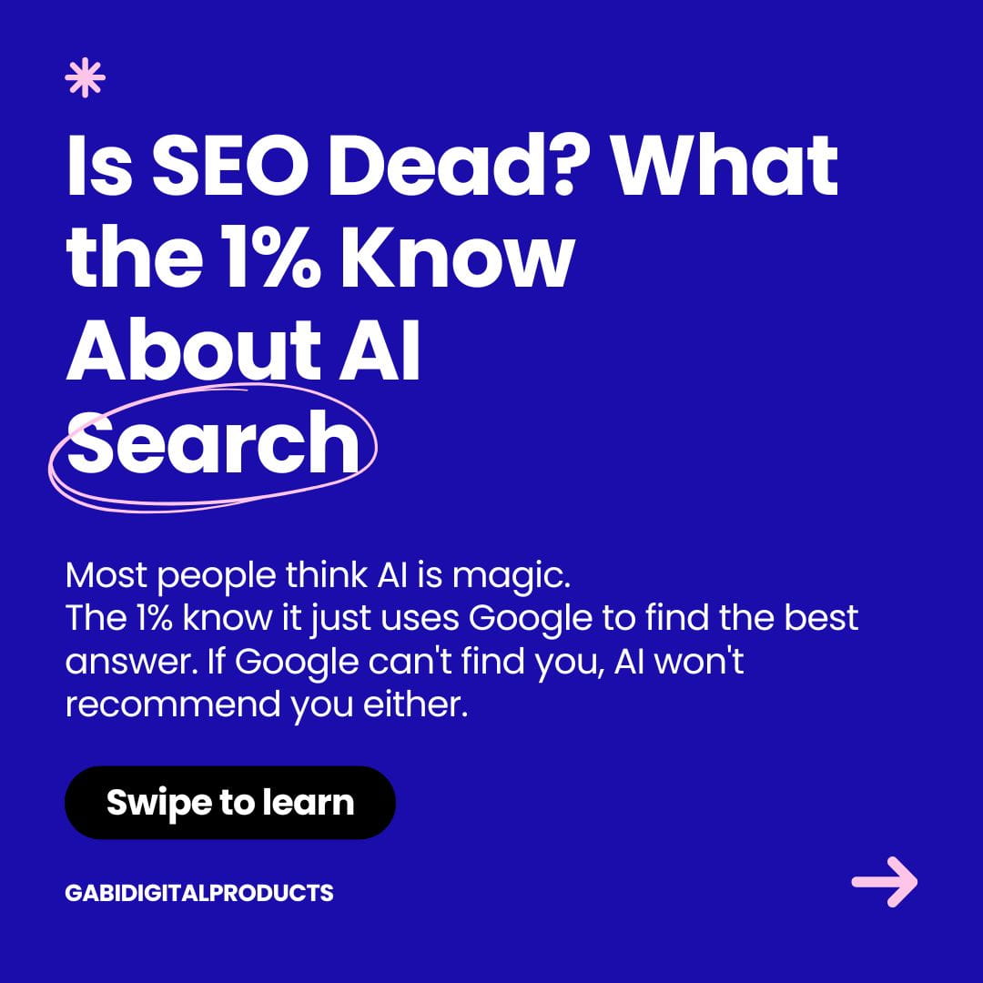 Blue background with white text: Is SEO Dead? What the 1% Know About AI Search. Swipe to learn prompt at the bottom.