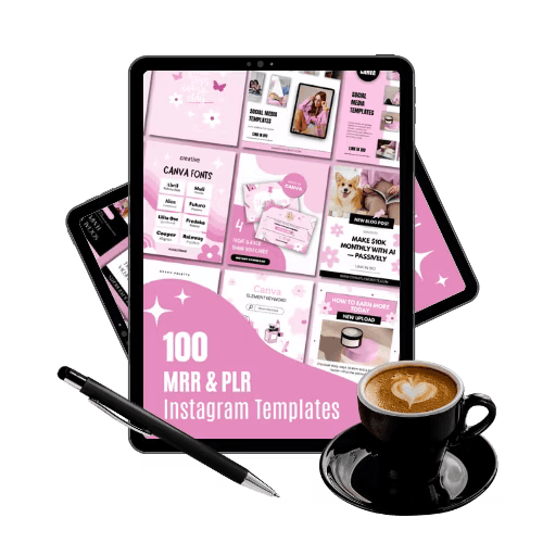 Tablet displaying pink-themed Instagram template designs. Nearby, a pen and a black cup of coffee with heart latte art, creating a stylish workspace vibe.