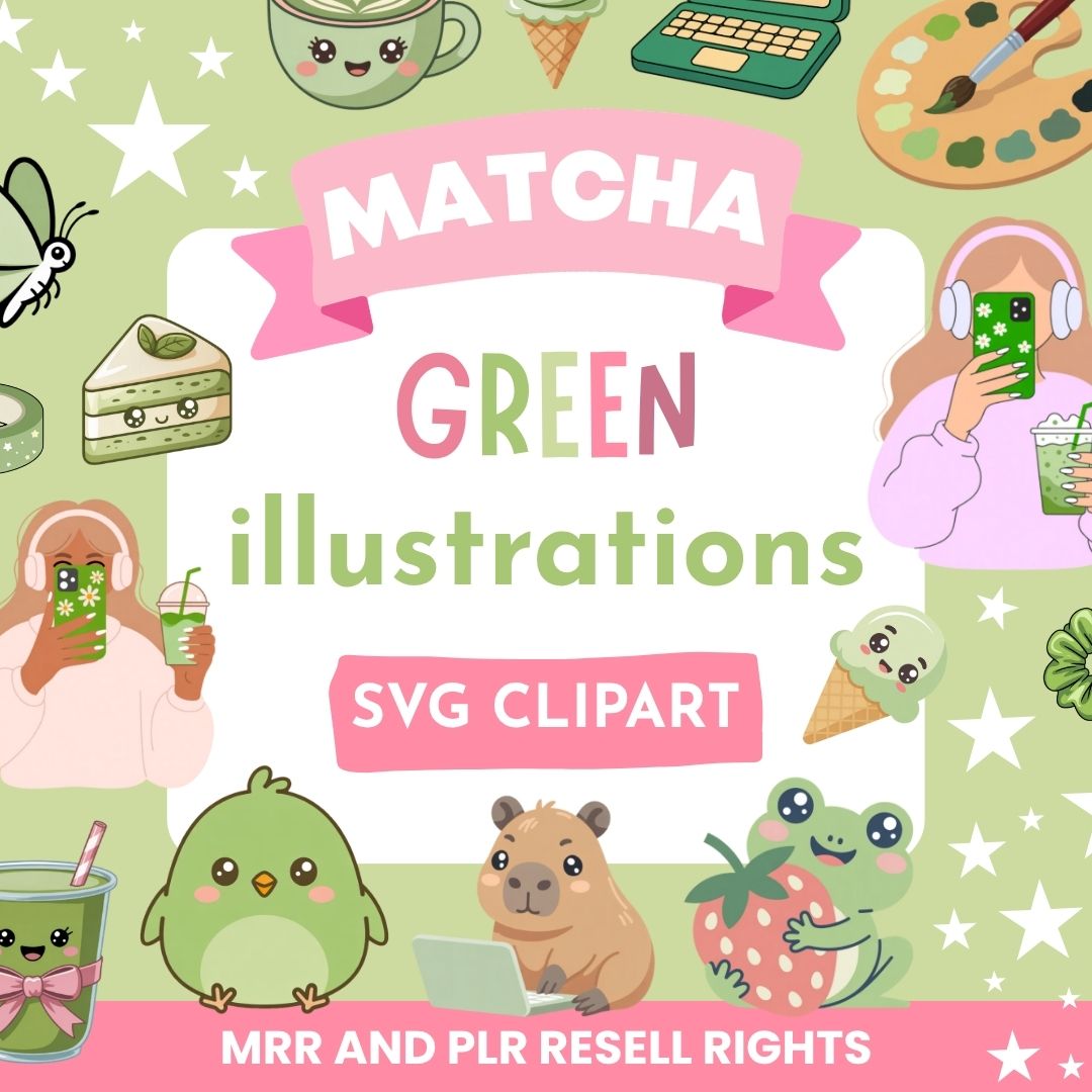 Matcha green kawaii illustrations bundle