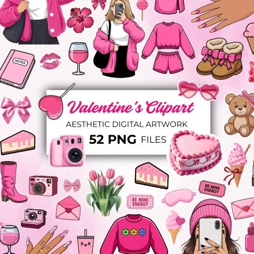 Pink-themed Valentine's clipart collection featuring clothing, accessories, desserts, and flowers, evoking a playful and romantic vibe.