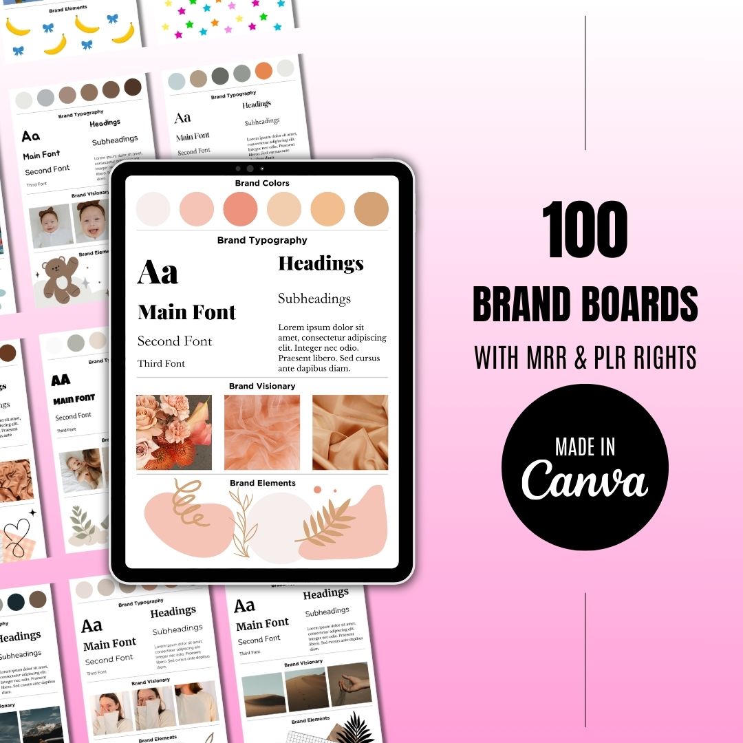 Collage of diverse brand boards with various color palettes, typography, and design elements, with text '100 Brand Boards with MRR & PLR Rights, Made in Canva' on a pink background.