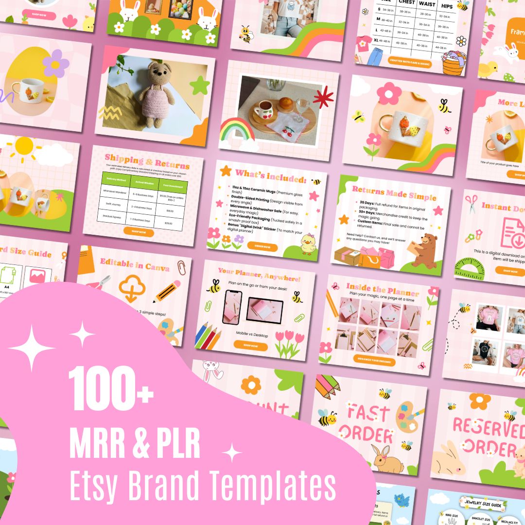 Collage of colorful whimsical templates on a pink background with cute animal illustrations and decorative elements, with text '100+ MRR & PLR Etsy Brand Templates.'