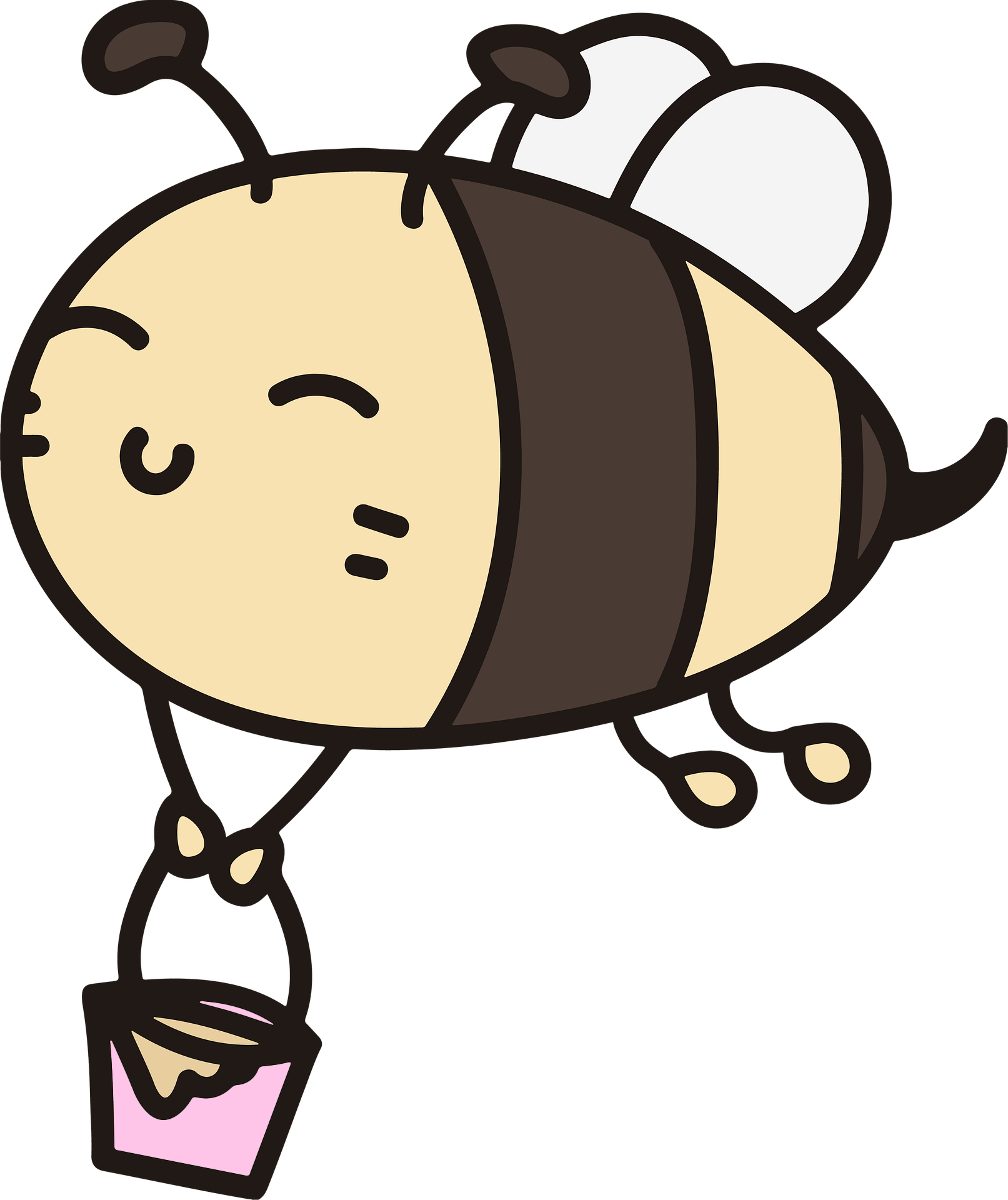 Cute cartoon bee with a smiling face flying and holding a small pink bucket with honey, with white wings and a playful mood.