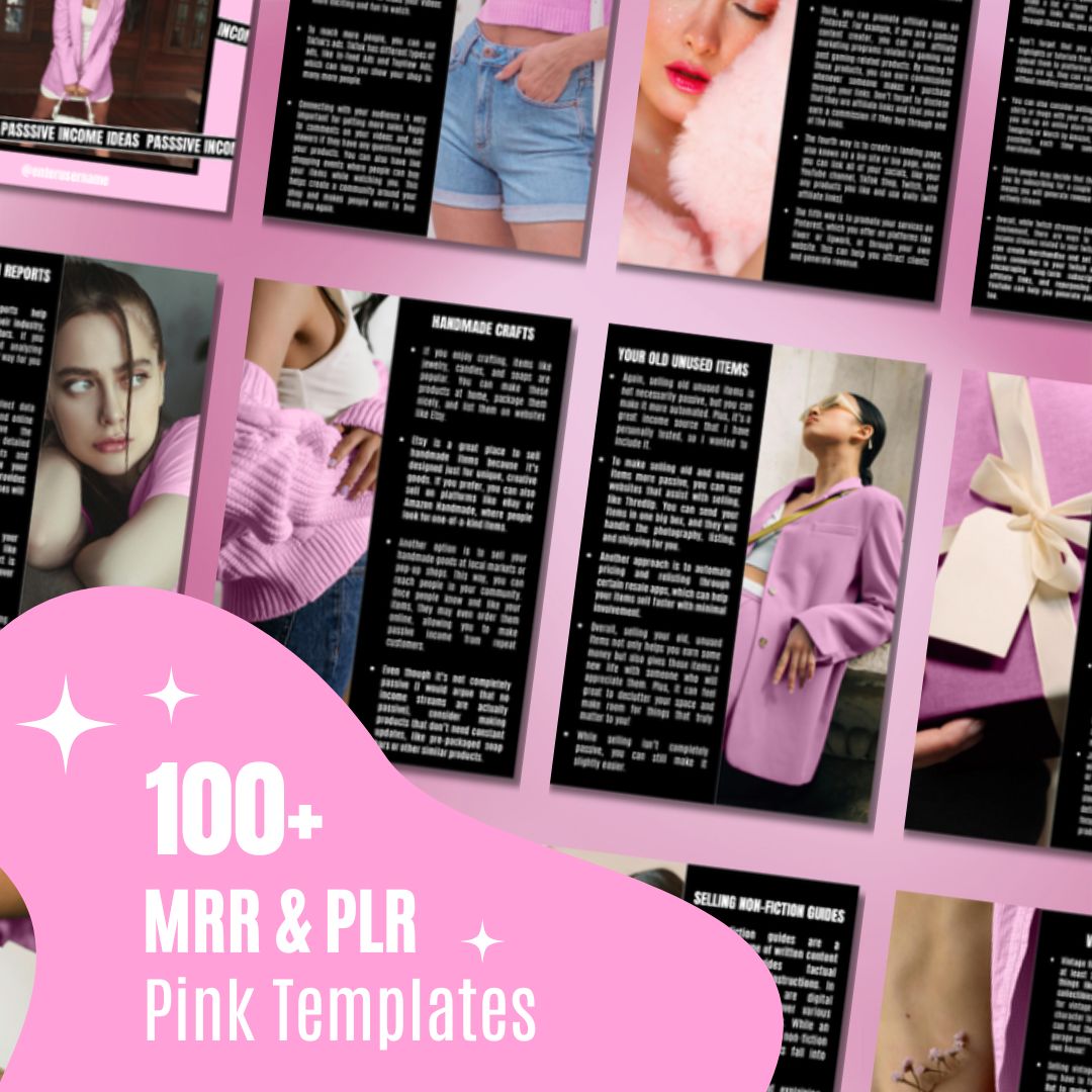 A collage of black text cards on a pink background featuring images of women in pink outfits, with text overlay '100+ MRR & PLR Pink Templates.'