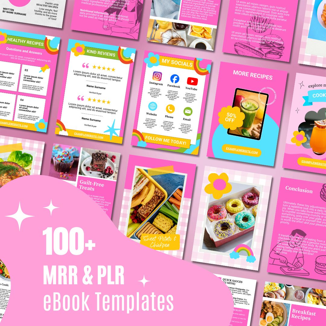 Colorful eBook templates with food images, social media icons, and decorative elements, with headline reading '100+ MRR & PLR eBook Templates.'