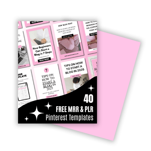 A collection of Pinterest templates with pink and black designs, featuring blog headlines and images, titled '40 Free MRR & PLR Pinterest Templates.'