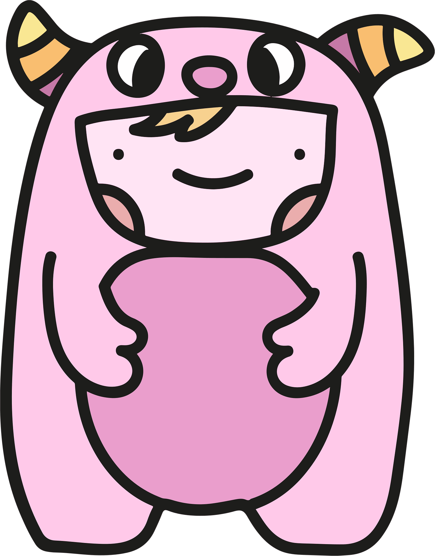 Cute cartoon character with a big pink body, smiling face, and striped yellow and orange horns, exuding a playful and friendly vibe.
