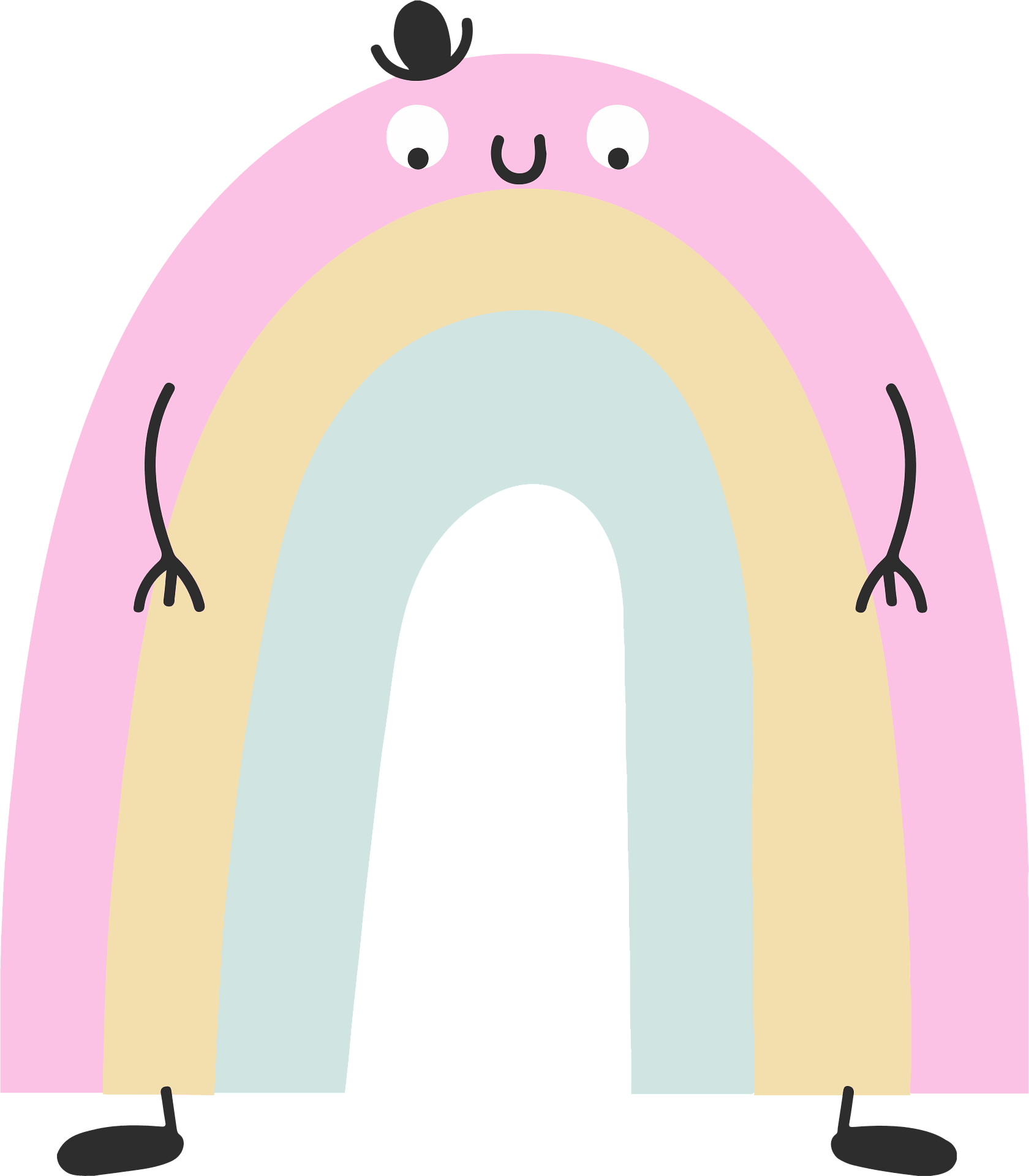 A whimsical rainbow character with pink, yellow, and blue stripes, outstretched arms and a smiling face — representing the playful creativity behind an MRR PLR business.