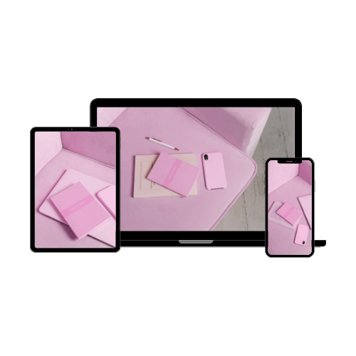 A tablet, laptop, and smartphone displaying a pink-themed workspace with notebooks, a pencil, and a phone case, conveying a modern, cohesive design.